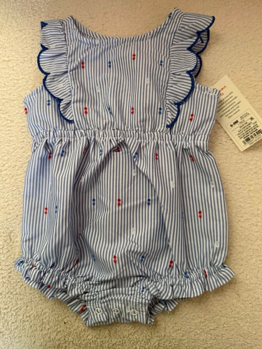 NWT 6-9m cat & jacks Blue & White Striped Baby Romper with Red & Blue Embroidery
